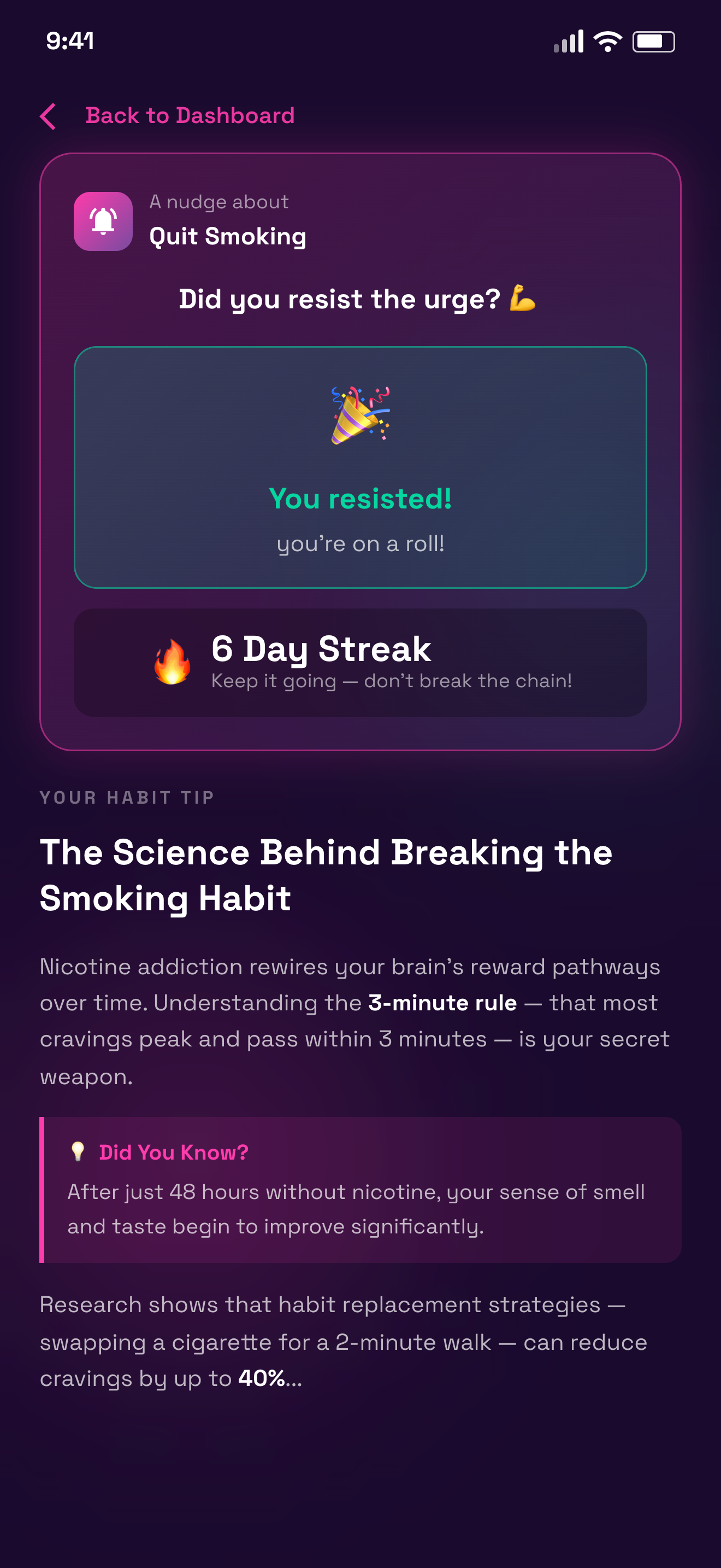 Check-in screen asking if you resisted or slipped