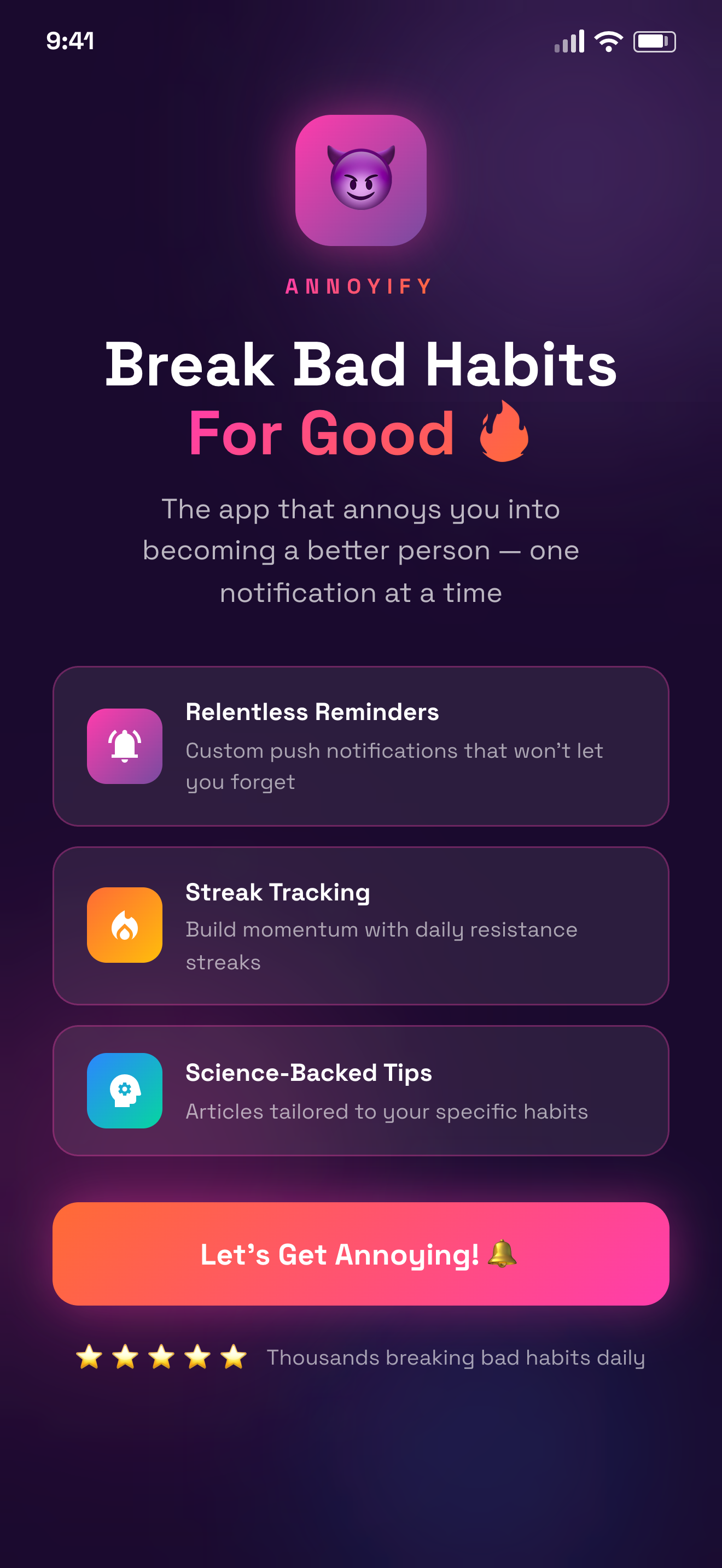 Annoyify welcome screen